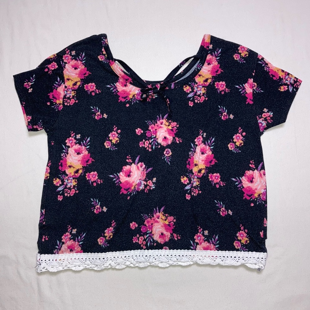 🆕 Floral Lace Crop Top Girl’s 7-8 Short Sleeve T-Shirt Summer Hippie Beach Mudd